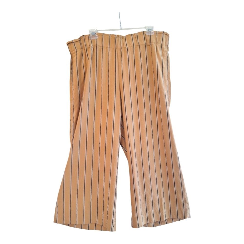 J JILL Linen Stretch Wide Leg Trouser Pull On Pants Paper Bag Striped Mustard XL